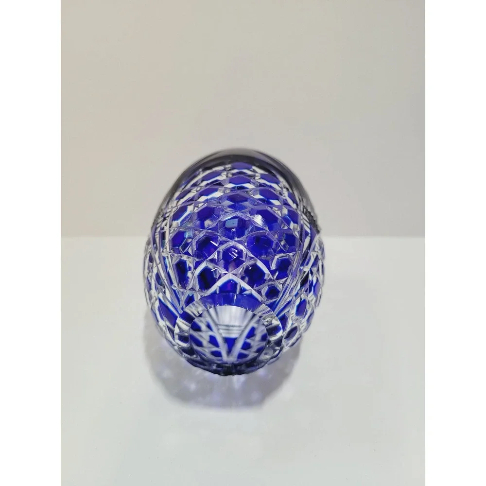 Vtg Bohemian Cobalt Blue Cut to Clear Crystal Egg Paperweight Art Glass 4.25